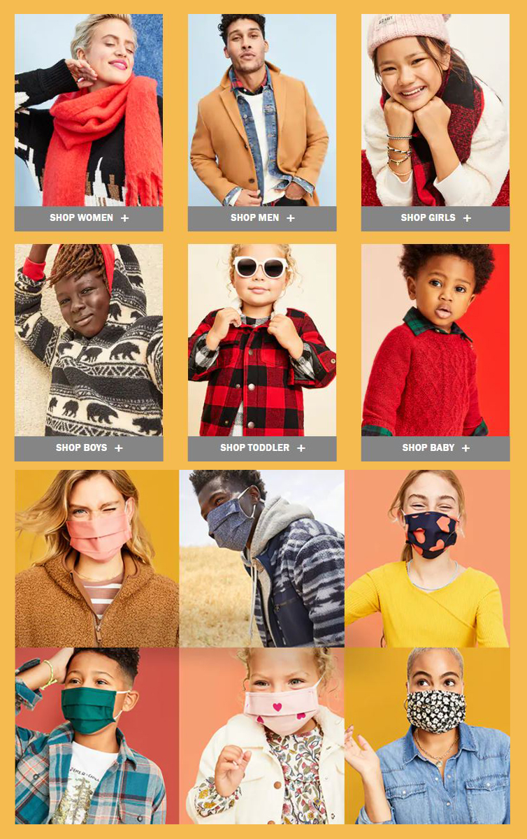 Clothes for different ages and masks are on display